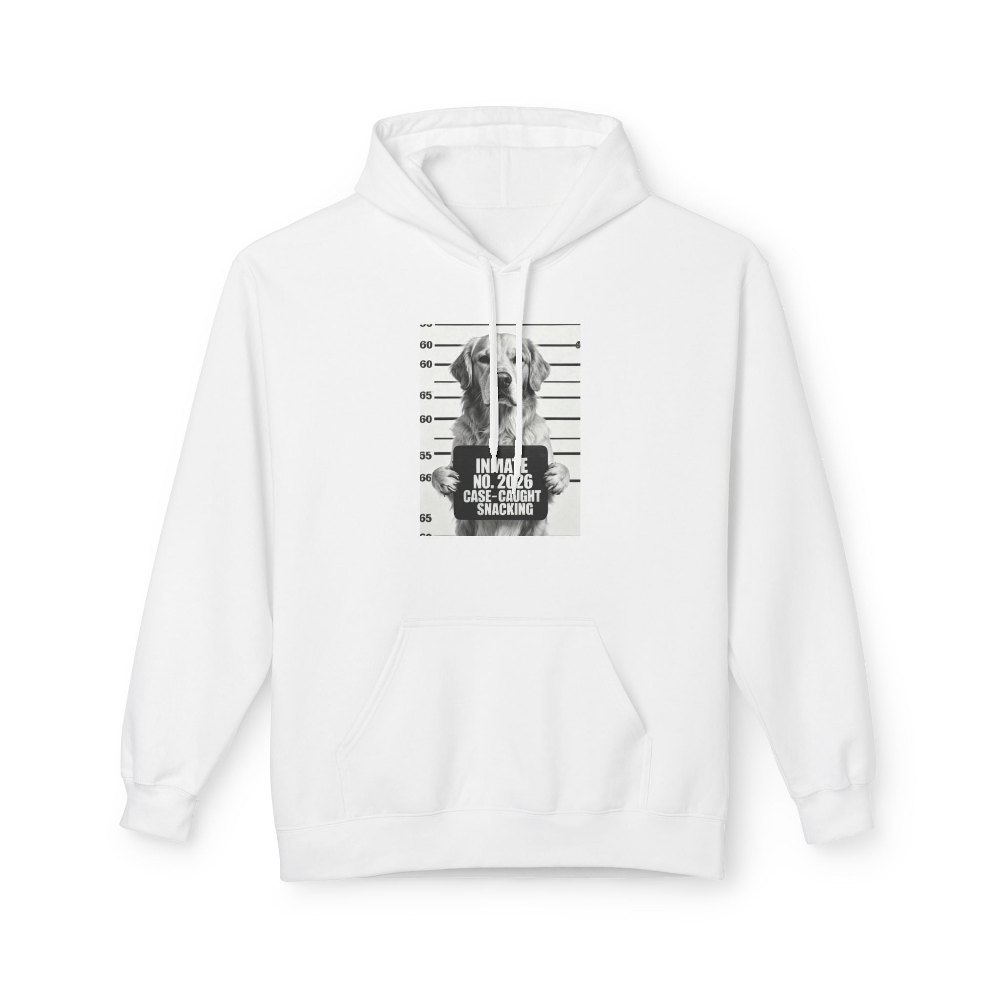 White hoodie with hood and kangaroo pocket, featuring a dog mugshot-style front graphic