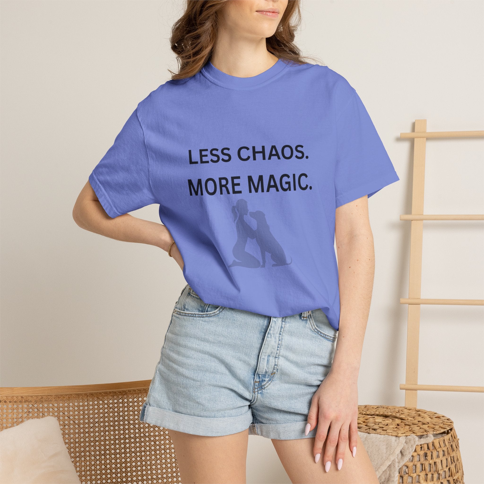 Less Chaos, More Magic T-Shirt — Woman + Dog Silhouette Graphic Tee