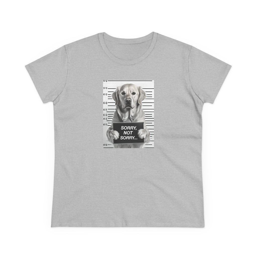 Sport grey cotton T-shirt with grayscale dog mugshot print, 'SORRY NOT SORRY...'
