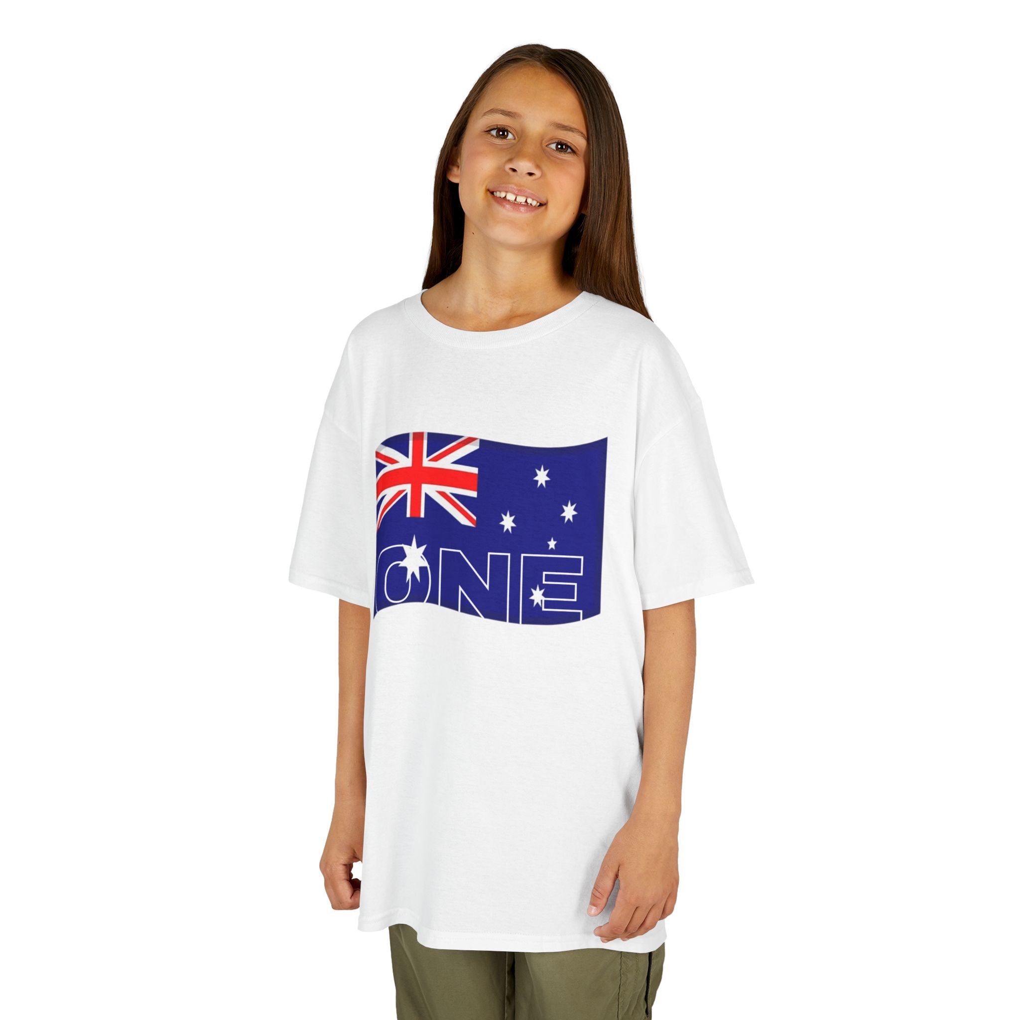 Kids white tee with Australian flag "ONE" front graphic