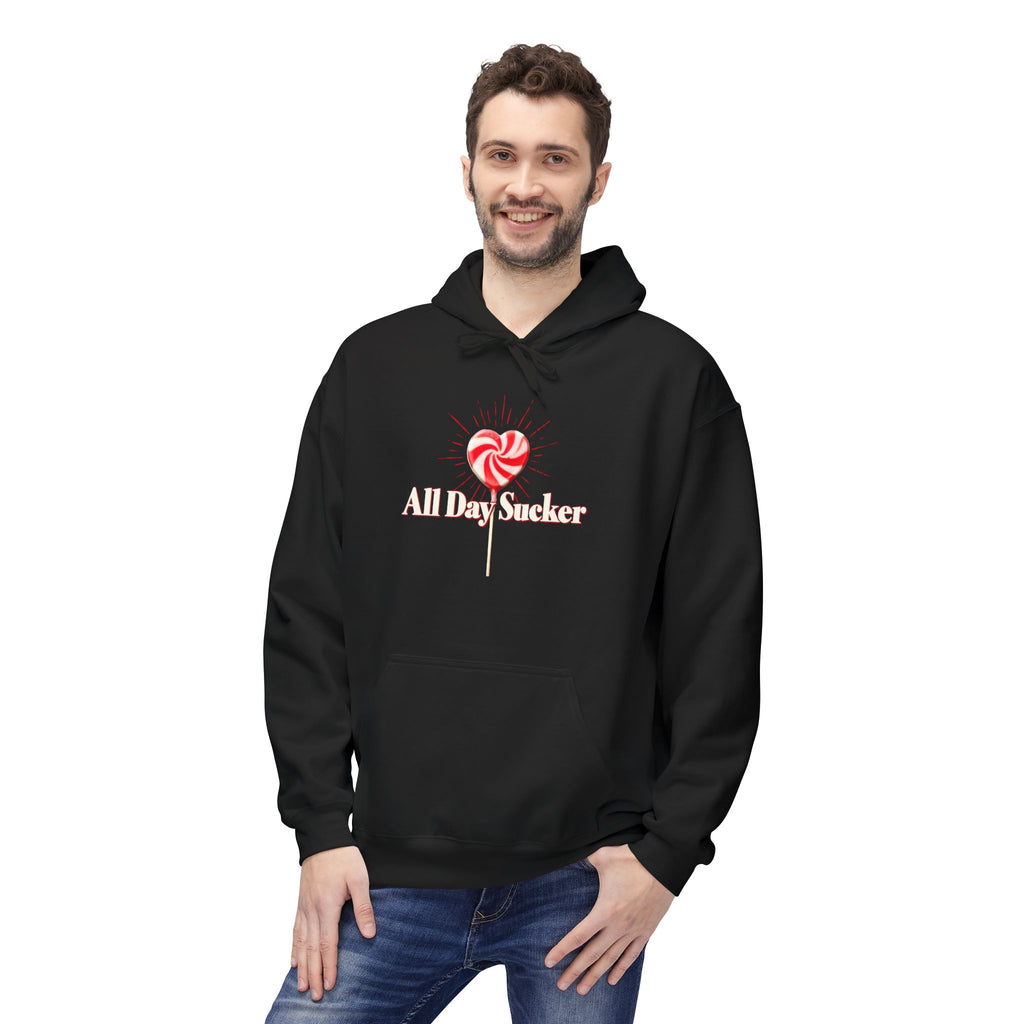 Black unisex hoodie on model, with drawstring hood, kangaroo pocket, and lollipop graphic