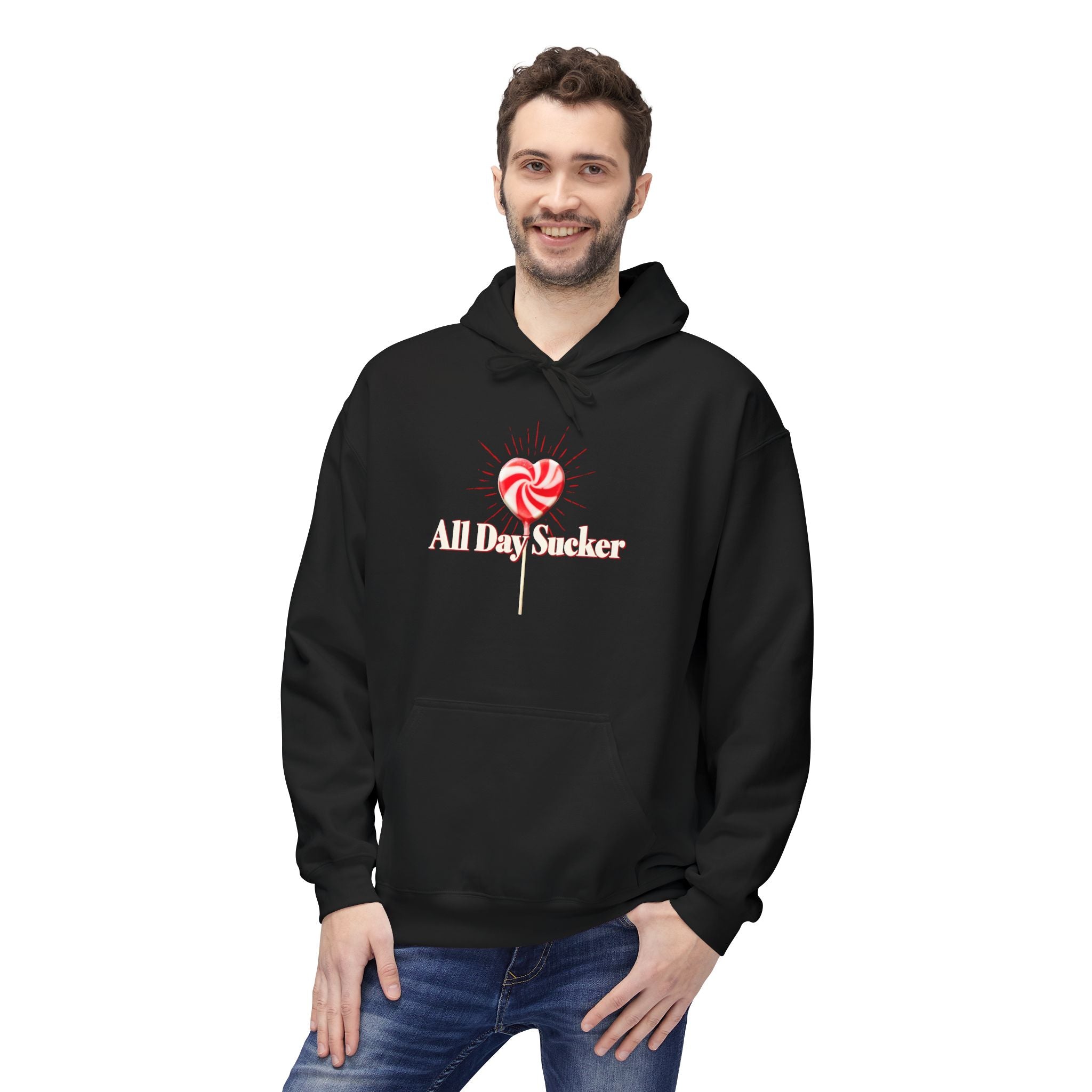Black unisex hoodie on model, with drawstring hood, kangaroo pocket, and lollipop graphic