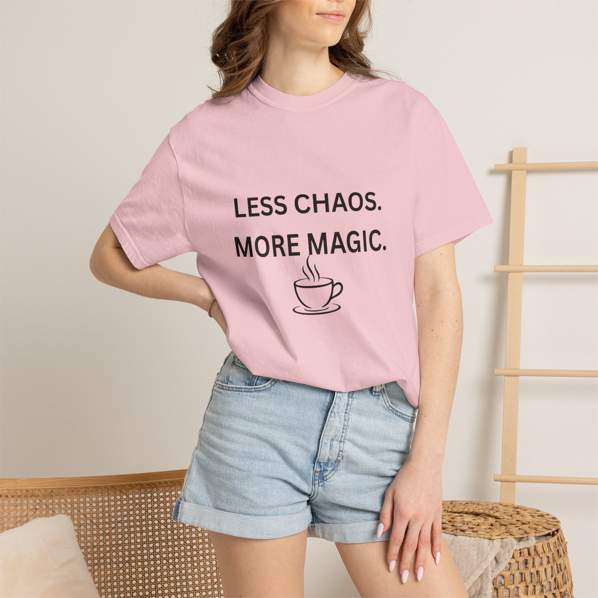 Less Chaos, More Magic T-Shirt — Cozy Coffee Cup Graphic Tee