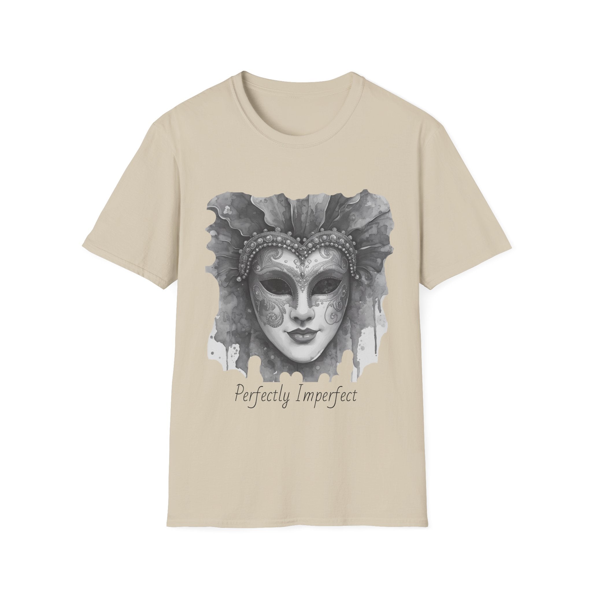 Masquerade face T-shirt in sand with grayscale mask graphic and “Perfectly Imperfect” text