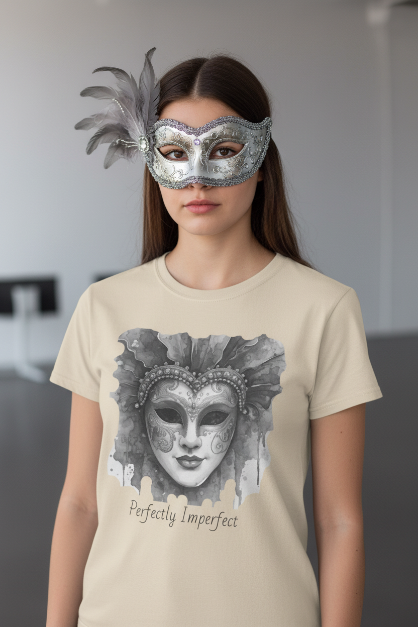 Light tan t-shirt with gray watercolour mask graphic and “Perfectly Imperfect” print