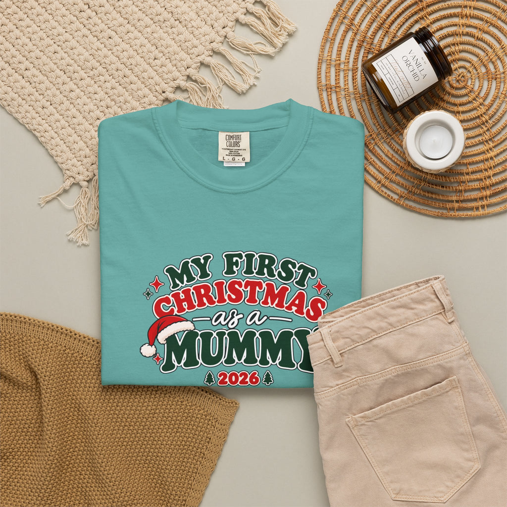 Seafoam Christmas T-shirt with “My First Christmas as a Mummy 2026” print, folded