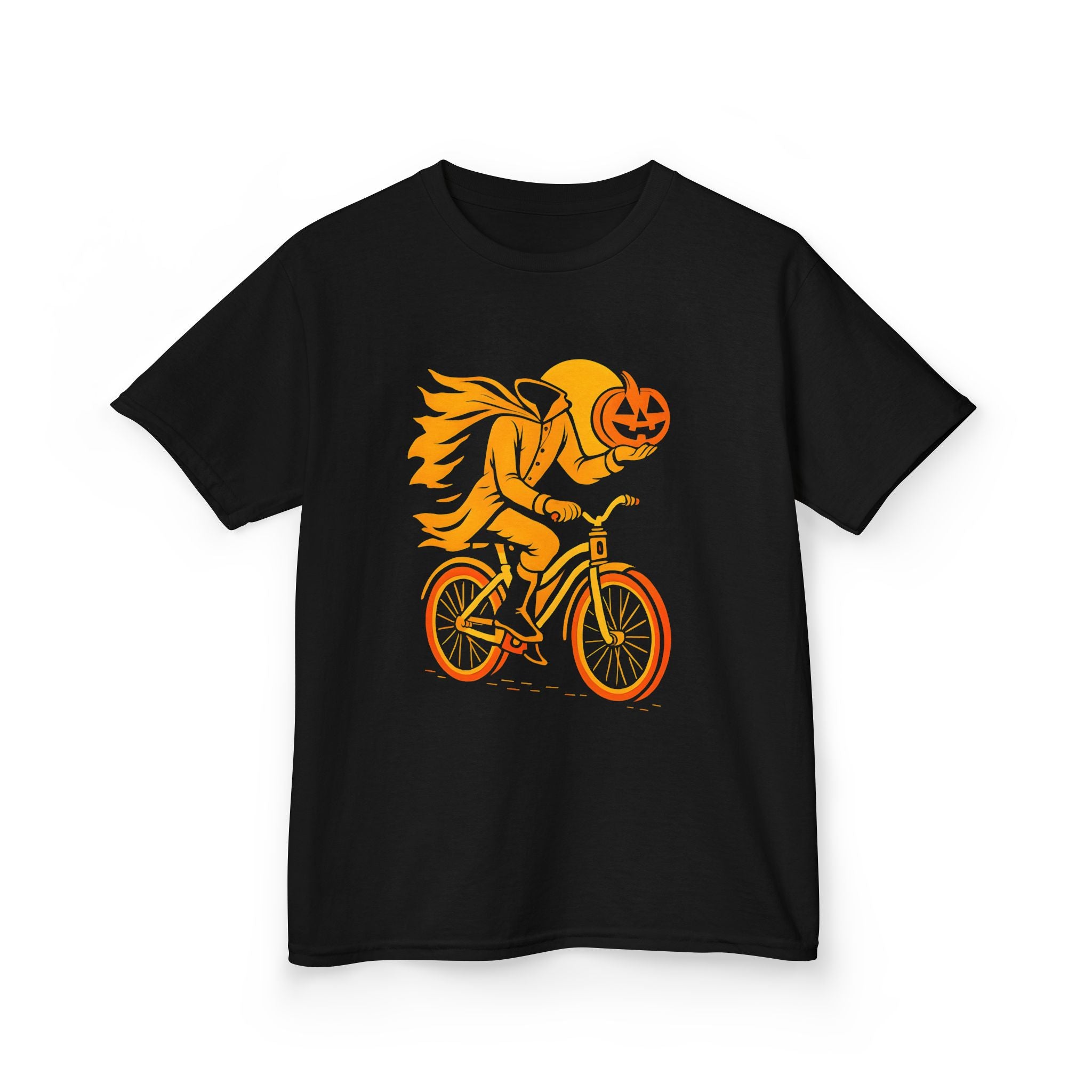 Kids black T-shirt with orange pumpkin-head cyclist graphic at center chest