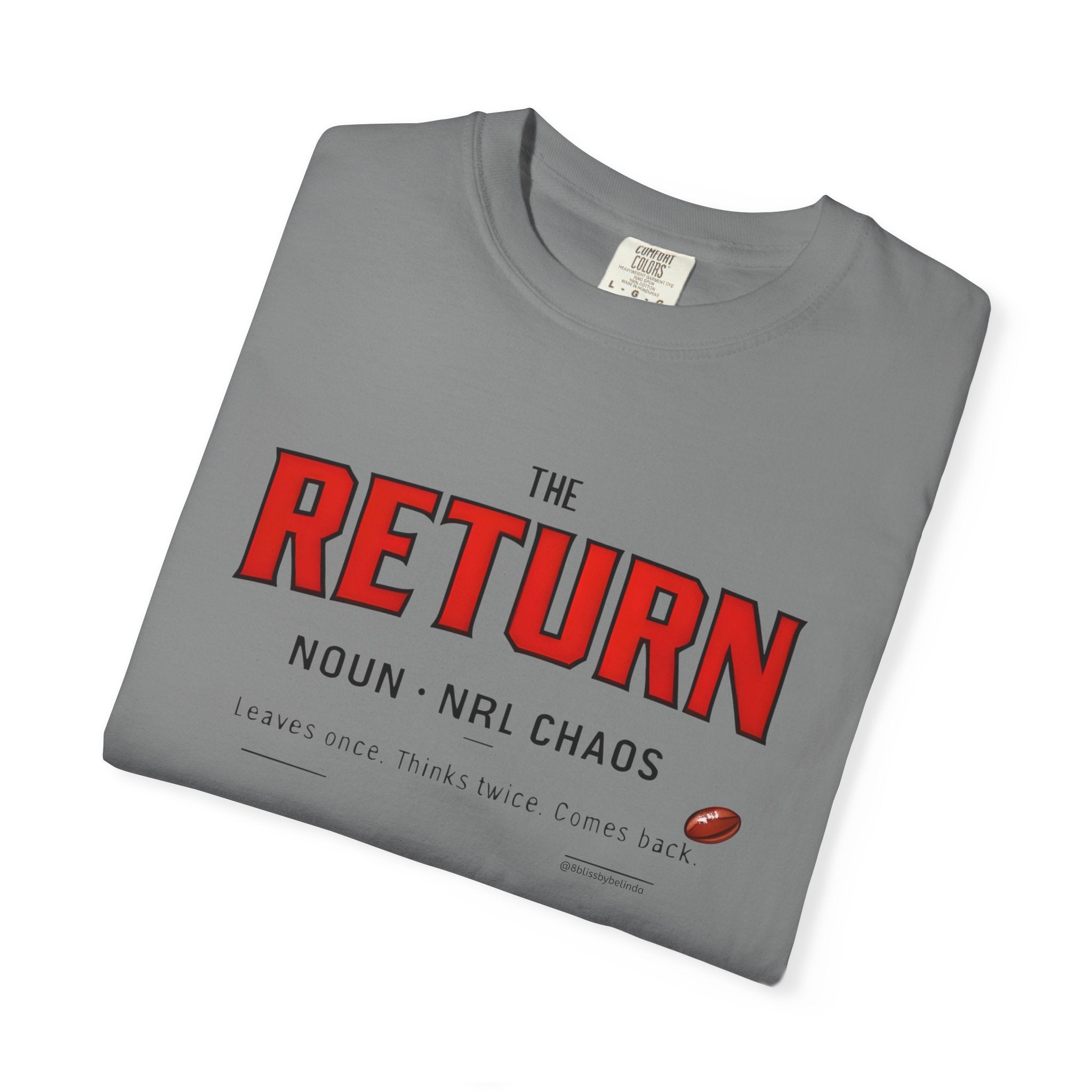 Grey graphic crew-neck T-shirt with bold red Return text print on front