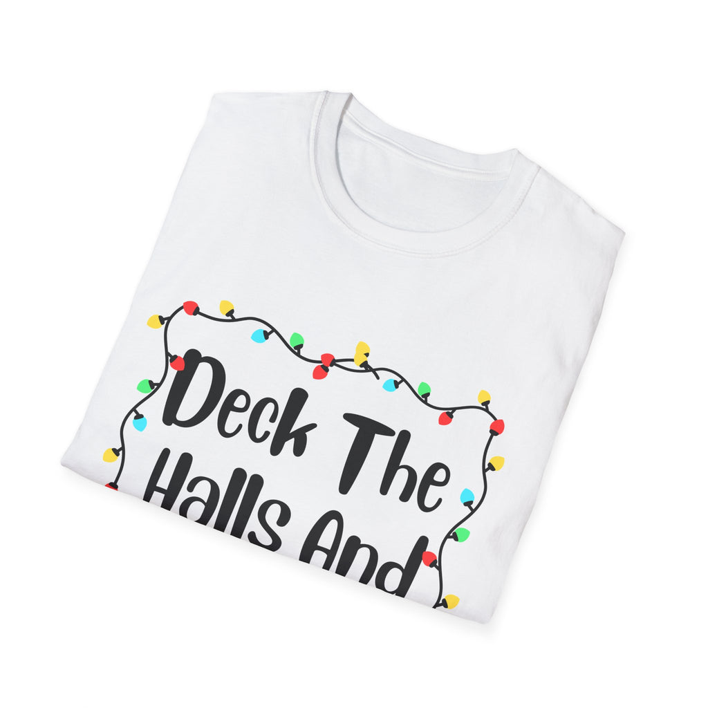 White holiday T-shirt with black 'Deck The Halls' text and multicolor string lights
