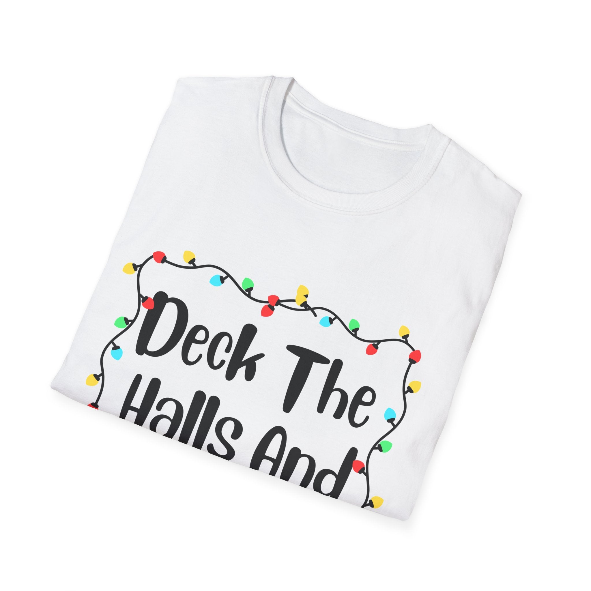 White holiday T-shirt with black 'Deck The Halls' text and multicolor string lights