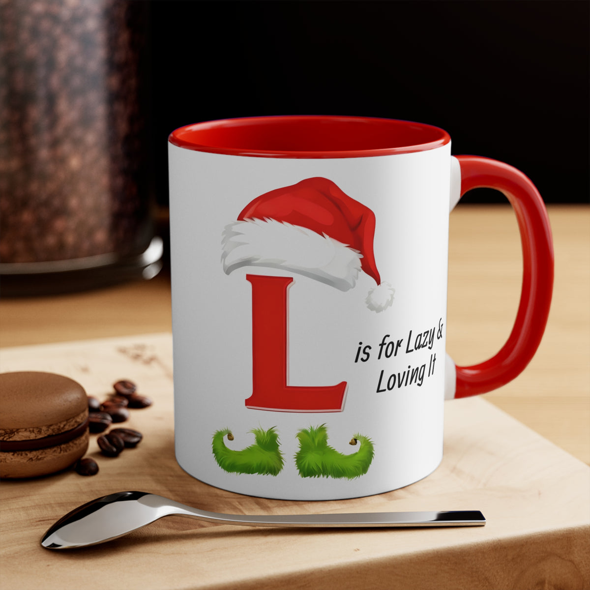 Christmas letter L mug, white with red handle; red L with Santa hat and green beard.