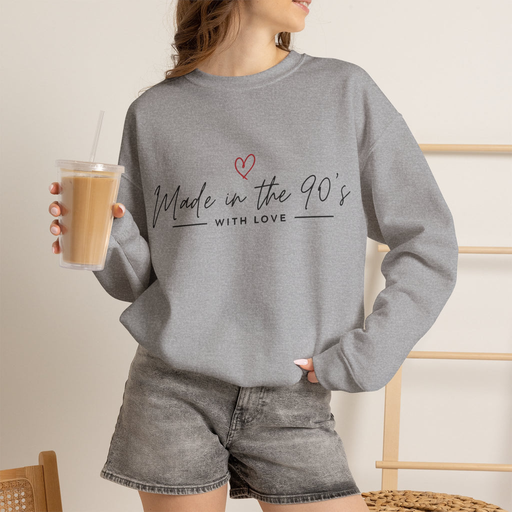 Crewneck Sweatshirt — "Made in the 90's" Retro Heart Graphic, Vintage Mom/90s Birthday Gift