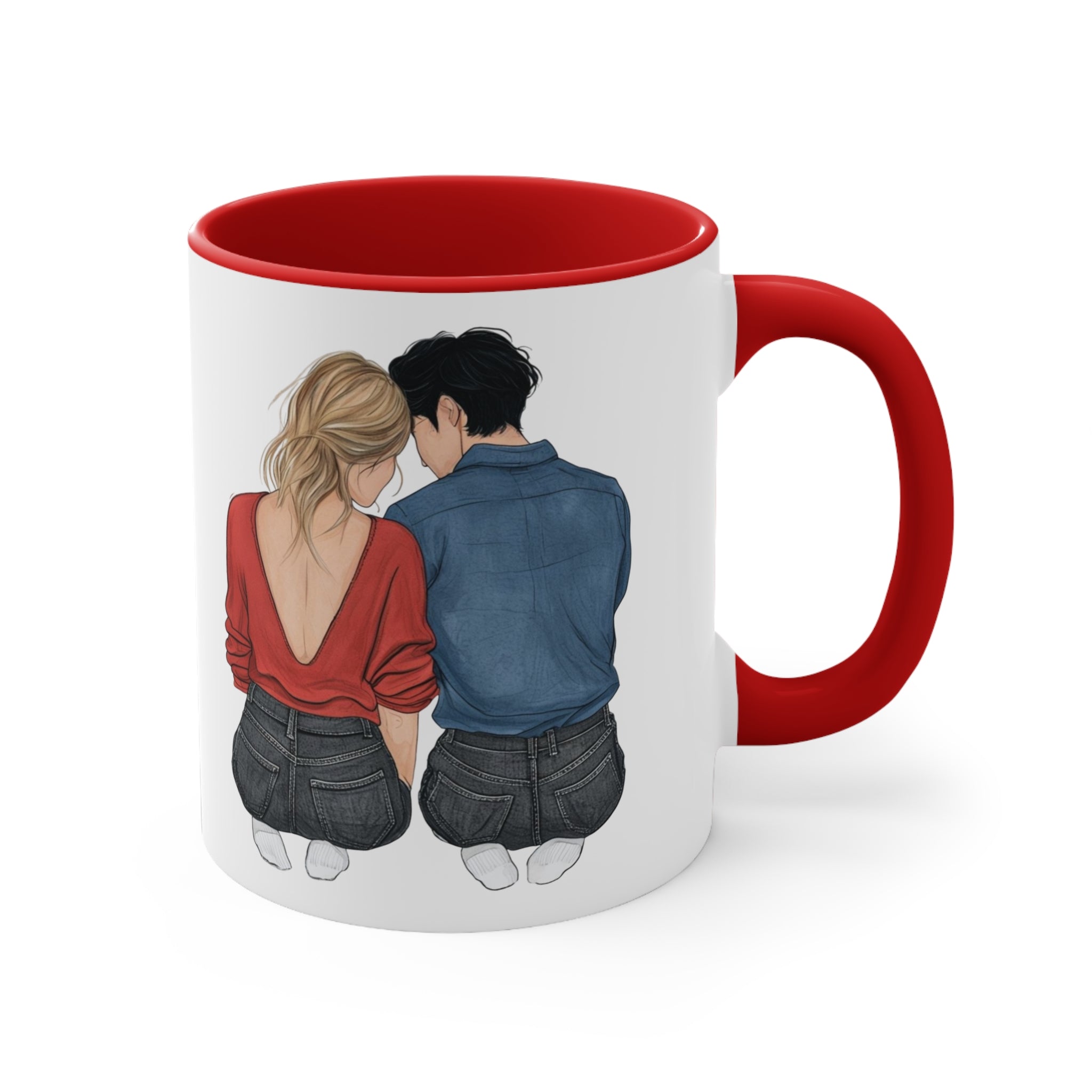 Red-accent white mug with couple sitting back-to-back; printed love design
