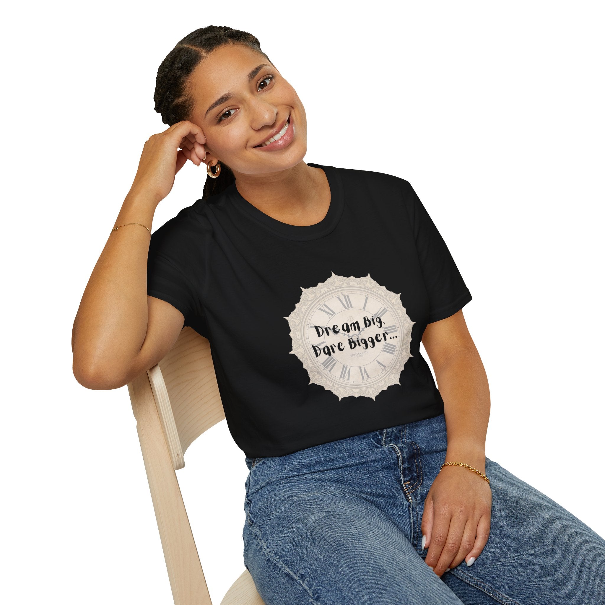 Black crew-neck T-shirt on model, front graphic “Dream big, ...” on chest