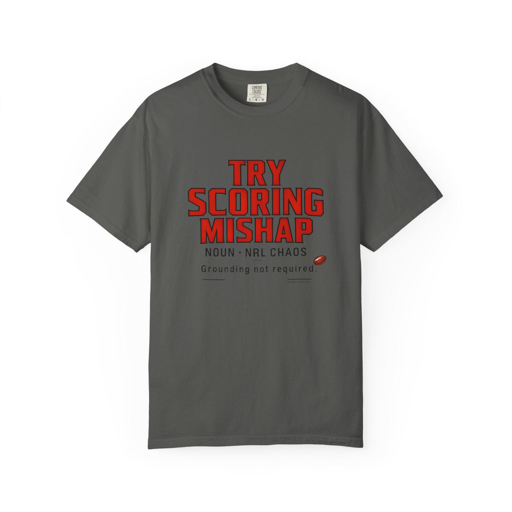 Try Scoring Mishap Graphic T-Shirt — 'Try Scoring Mishap' Sports Humour Tee with Definition Print