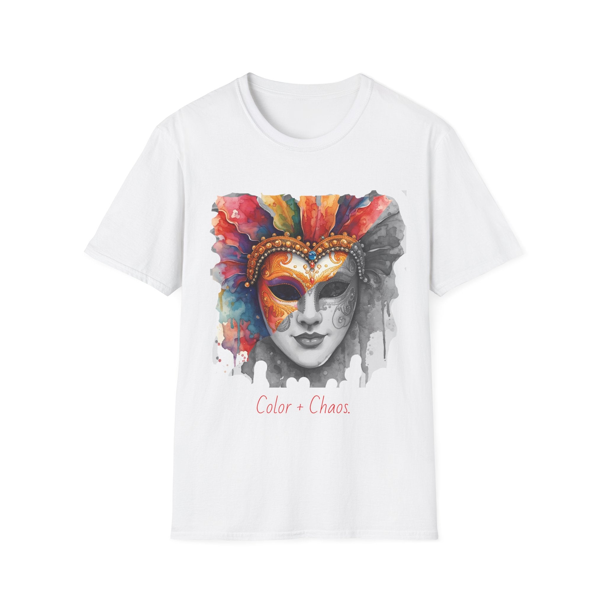 White face graphic T-shirt with watercolor masquerade mask print on front
