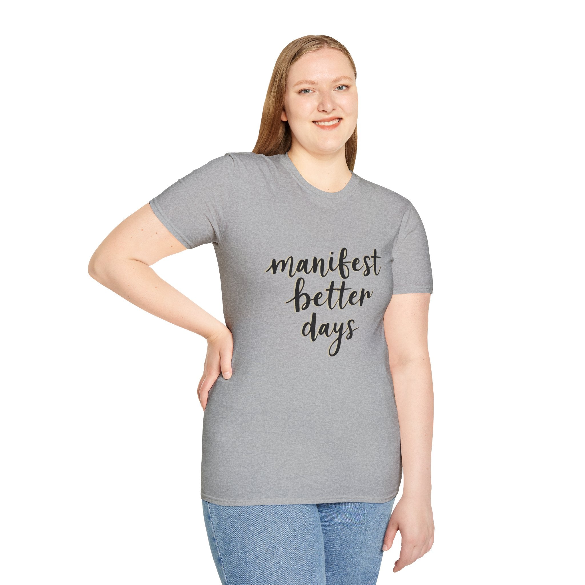 Sport grey unisex softstyle T-shirt worn by model; crew neck, “manifest better days” print