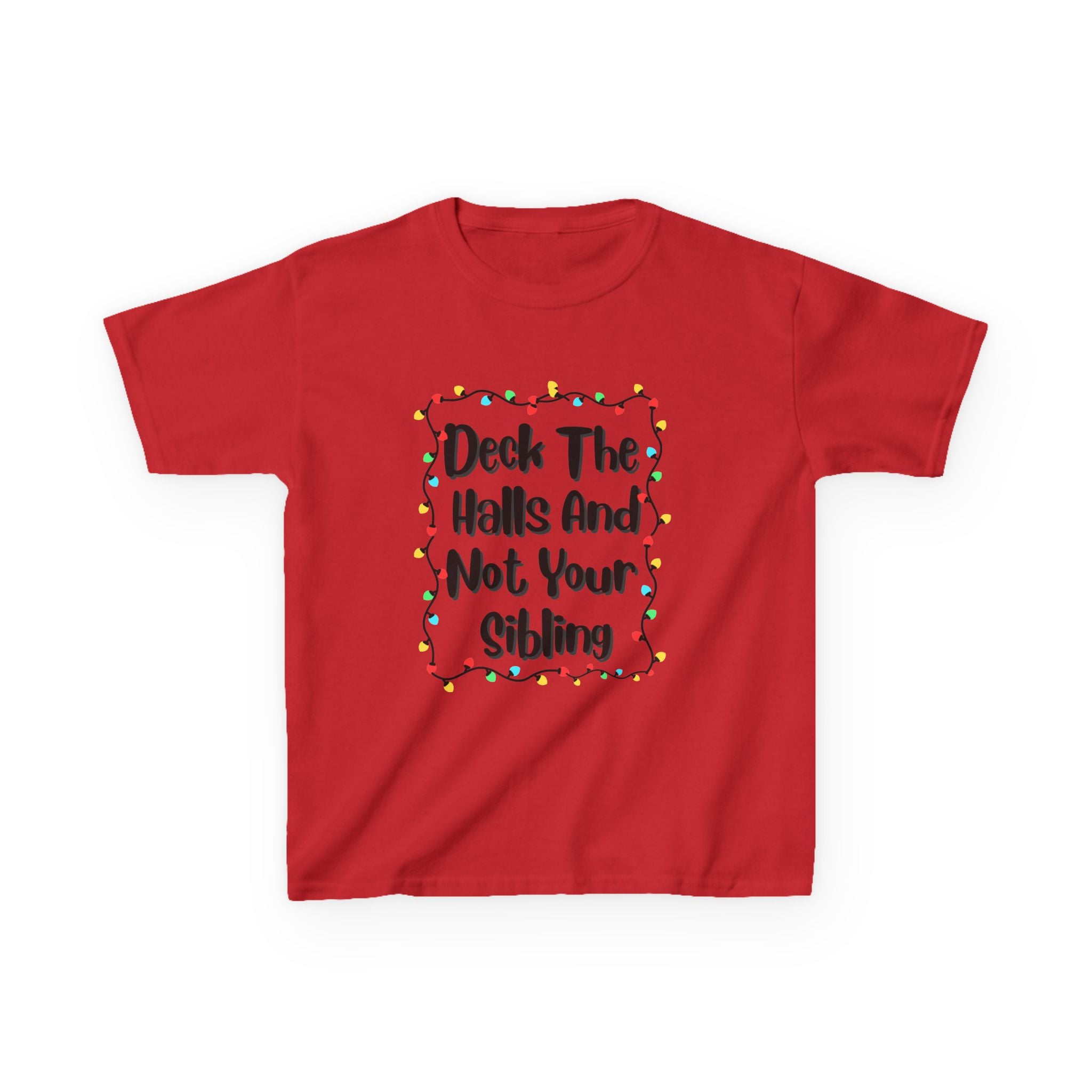 Red kids T-shirt with colorful Christmas wreath light graphic and "Deck the Halls"