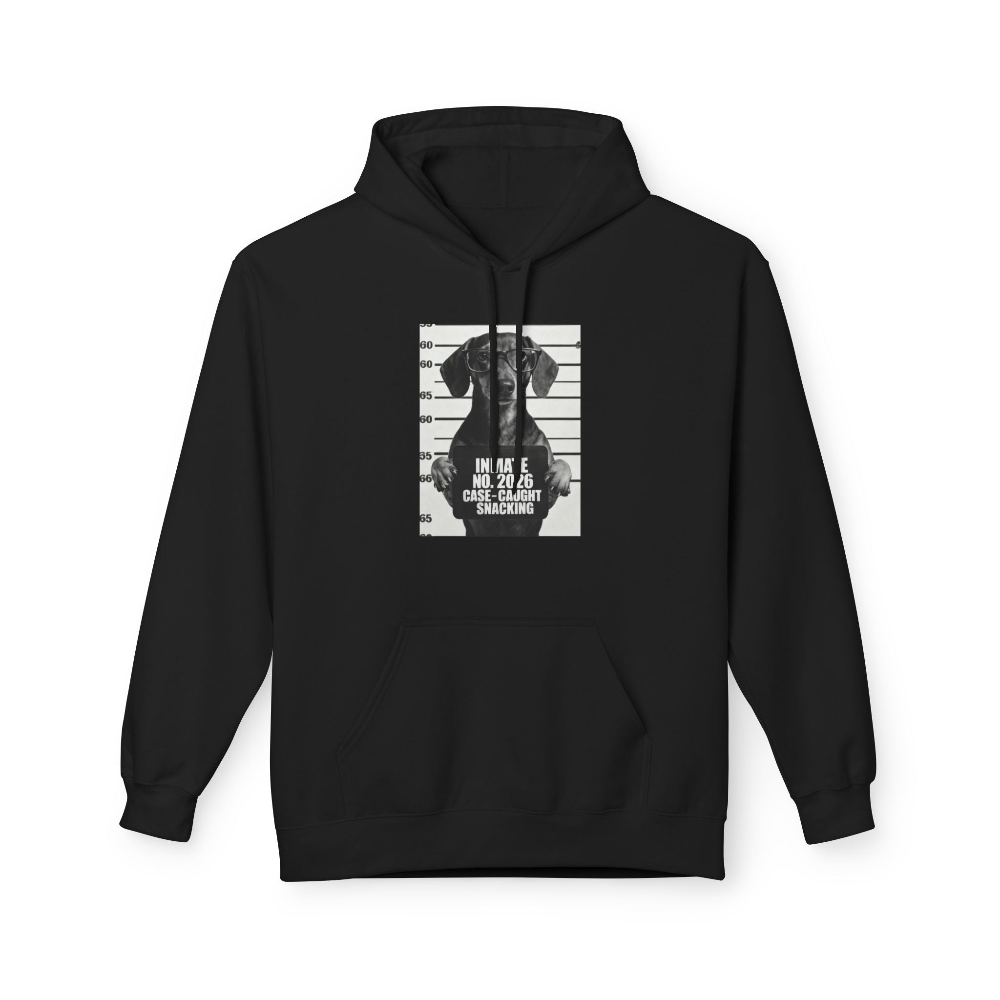 Black pullover hoodie with drawstring hood and chest graphic, with kangaroo pocket.