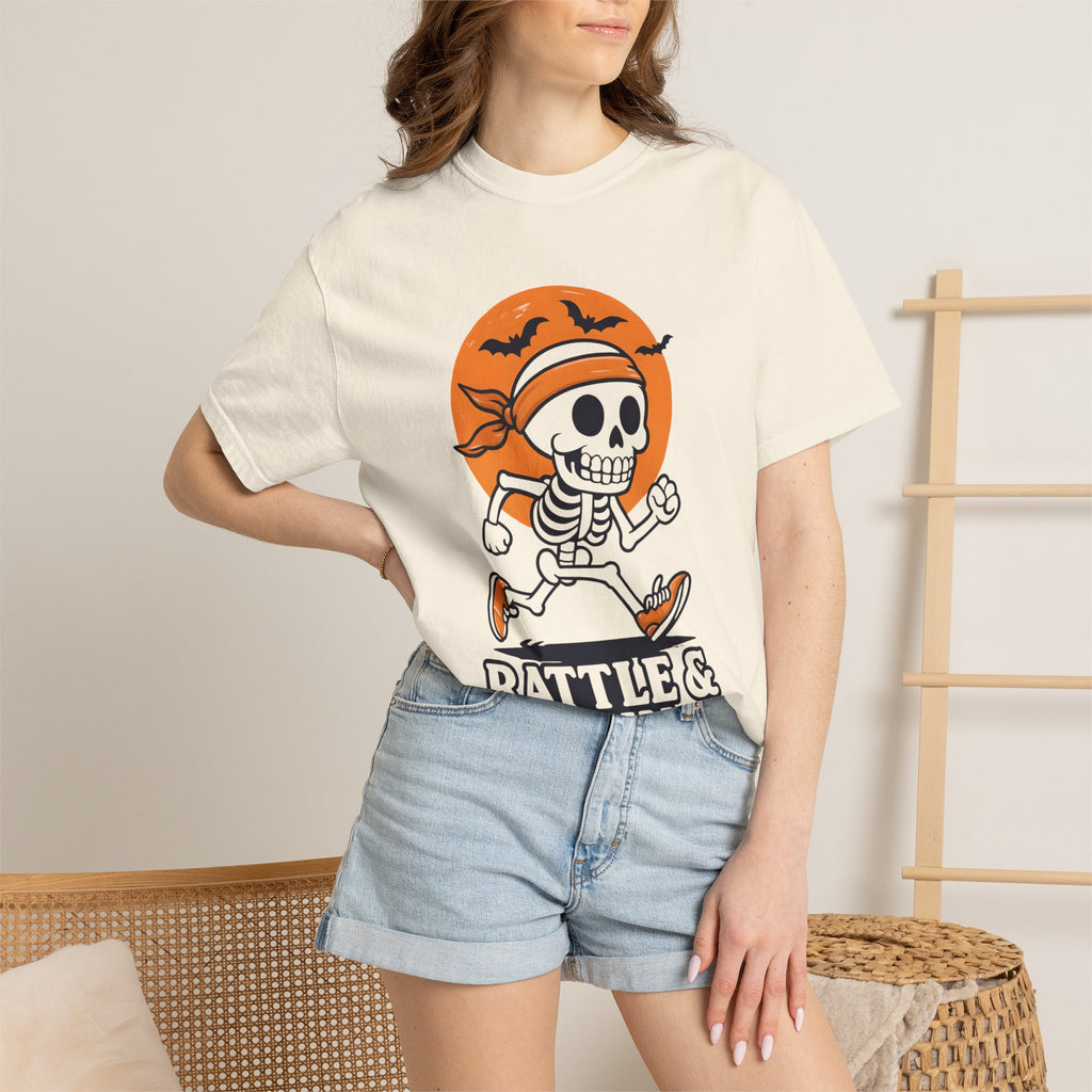 Ivory unisex Halloween T-shirt with skeleton rattle & run graphic