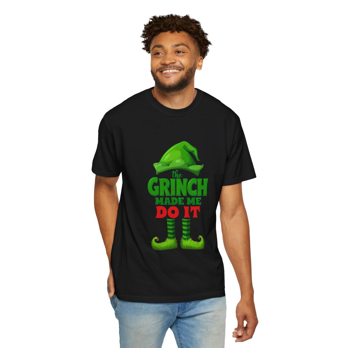 Black unisex graphic T-shirt with Grinch “Made Me Do It” front print on man