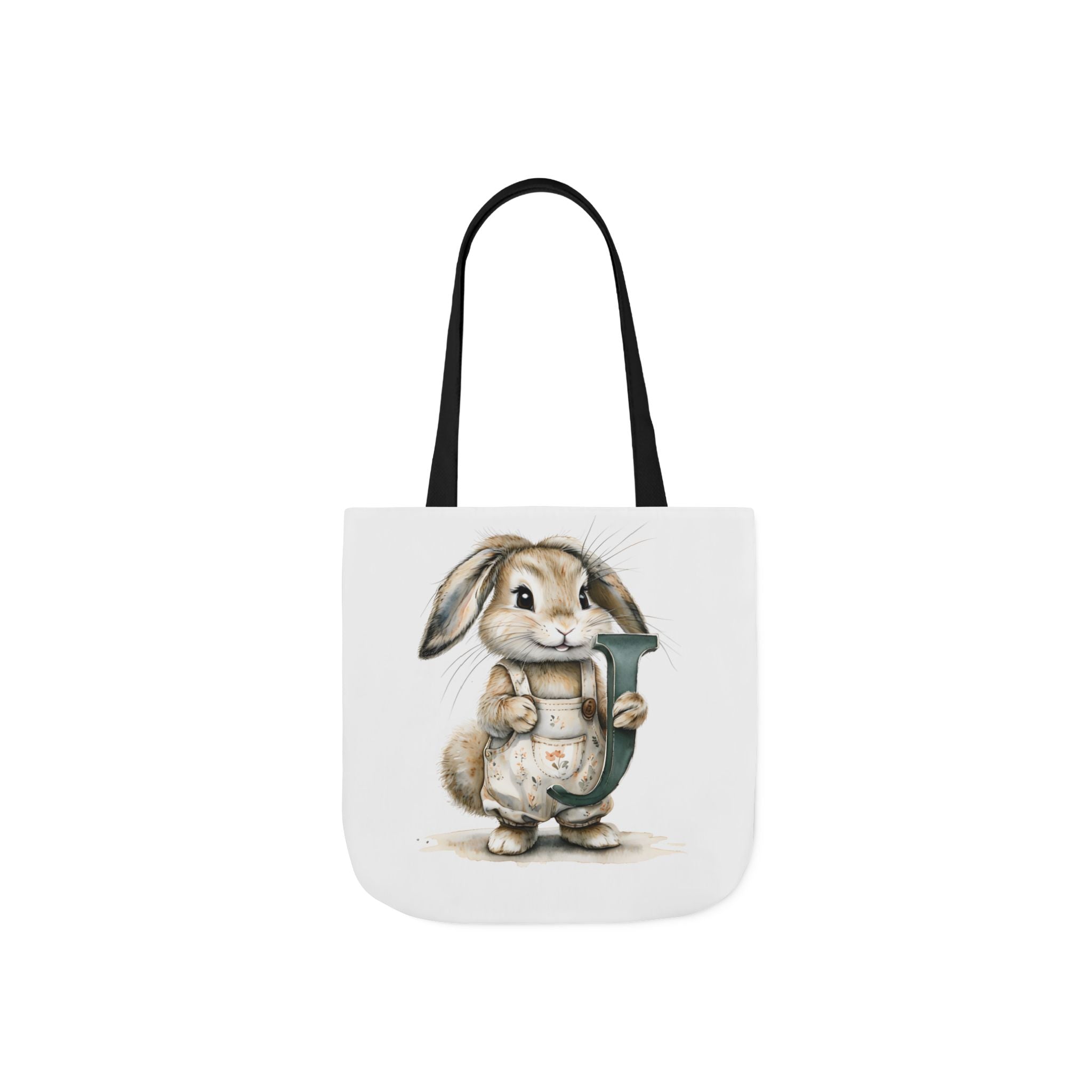 White canvas tote bag with bunny graphic and black shoulder strap