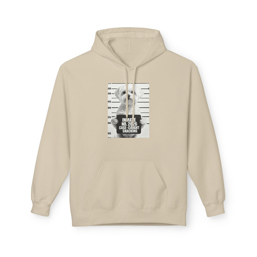 Sand pullover hoodie with drawstring hood, front pocket, dog mugshot snack print