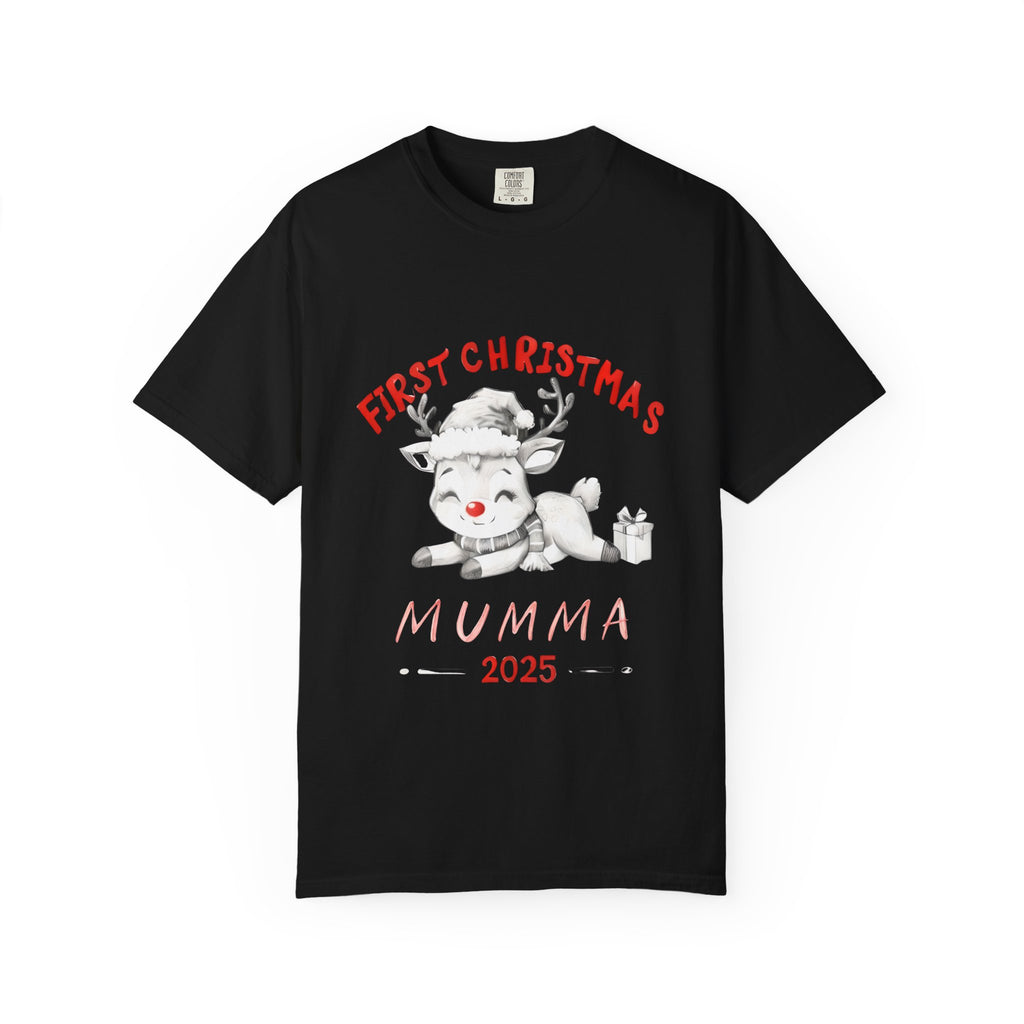 Black short-sleeve T-shirt with reindeer “First Christmas” “MUMMA 2025” print