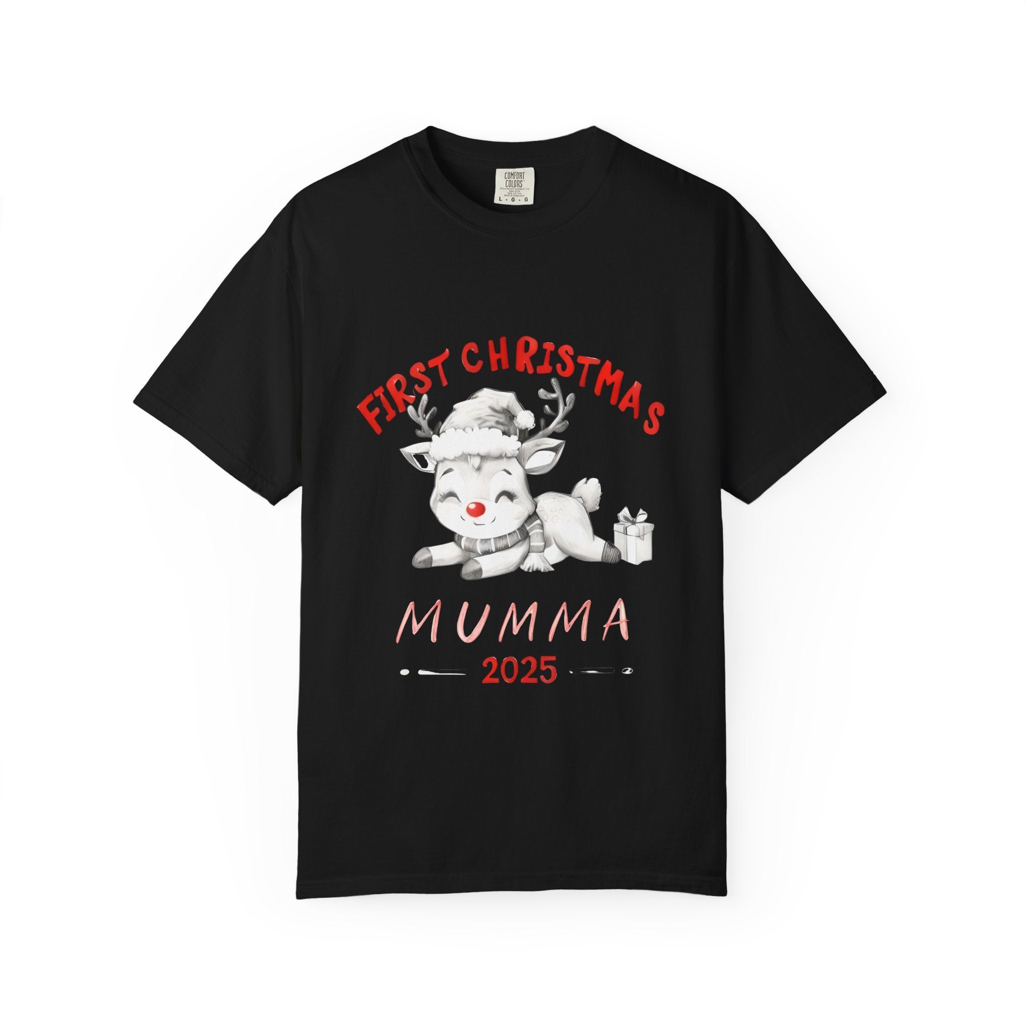 Black short-sleeve T-shirt with reindeer “First Christmas” “MUMMA 2025” print