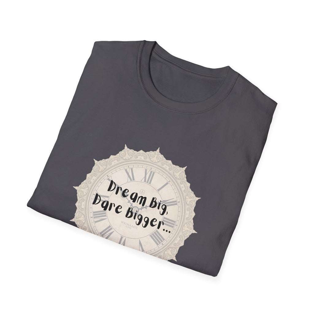 Dark gray T-shirt with cream circular clock graphic and inspirational quote.