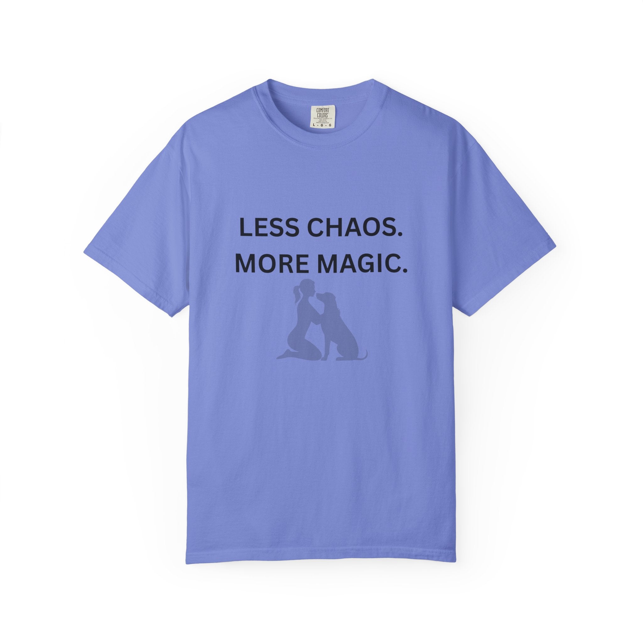 Periwinkle crew-neck T-shirt with 'LESS CHAOS. MORE MAGIC.' text and woman-dog silhouette
