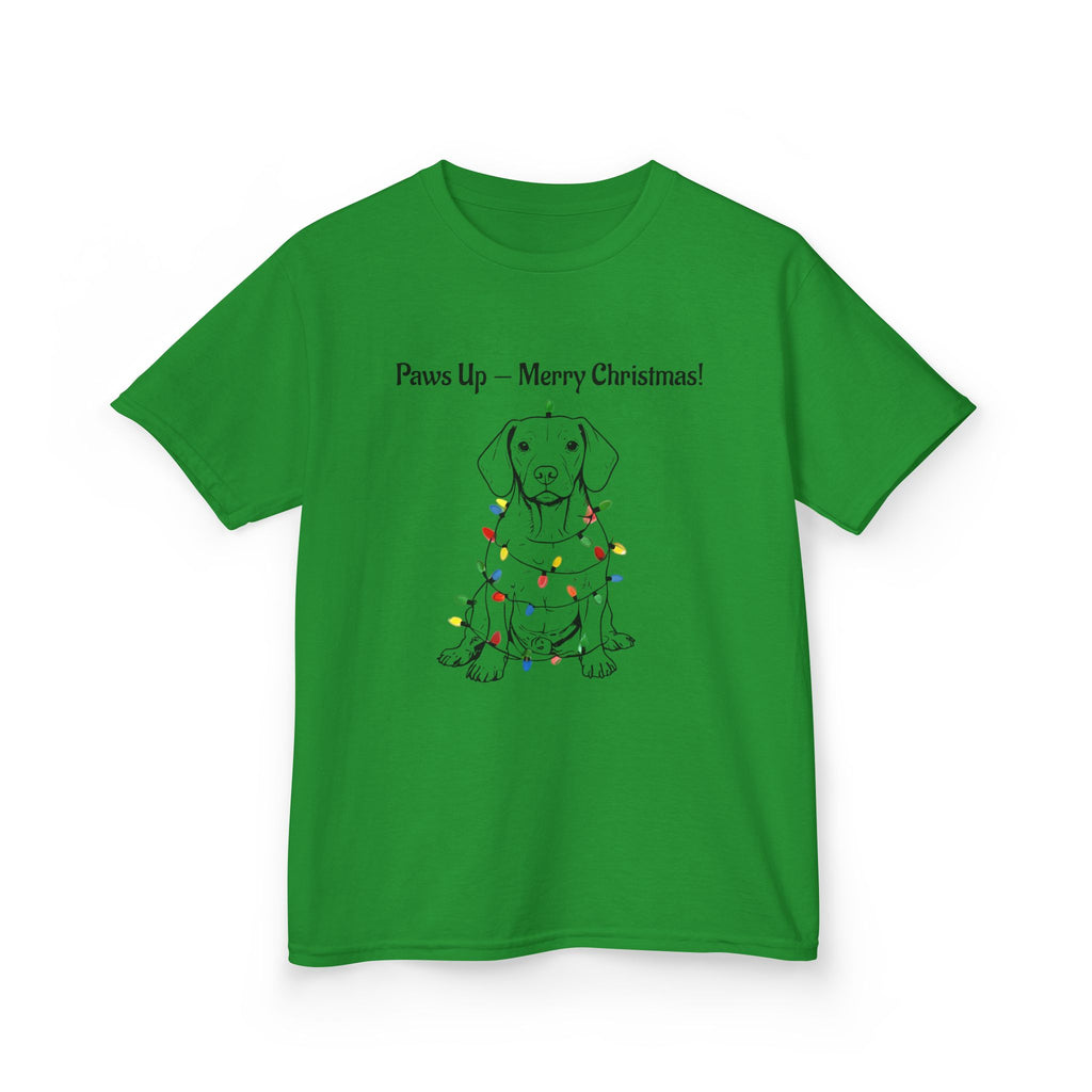 Kids green tee front with puppy in holiday lights and 'Paws Up — Merry Christmas!'