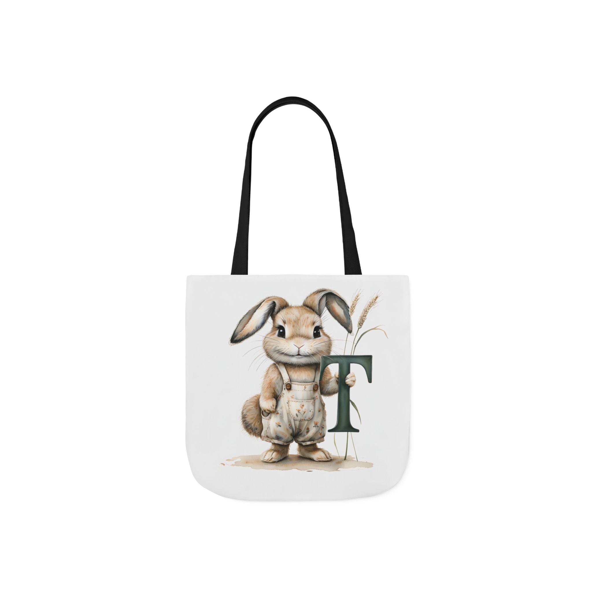Cute Letter T Bunny Canvas Tote Bag with Colourful Straps, Eco-Friendly Reusable Shopping Bag, Easter Gift, Spring Tote, Cute Gift idea