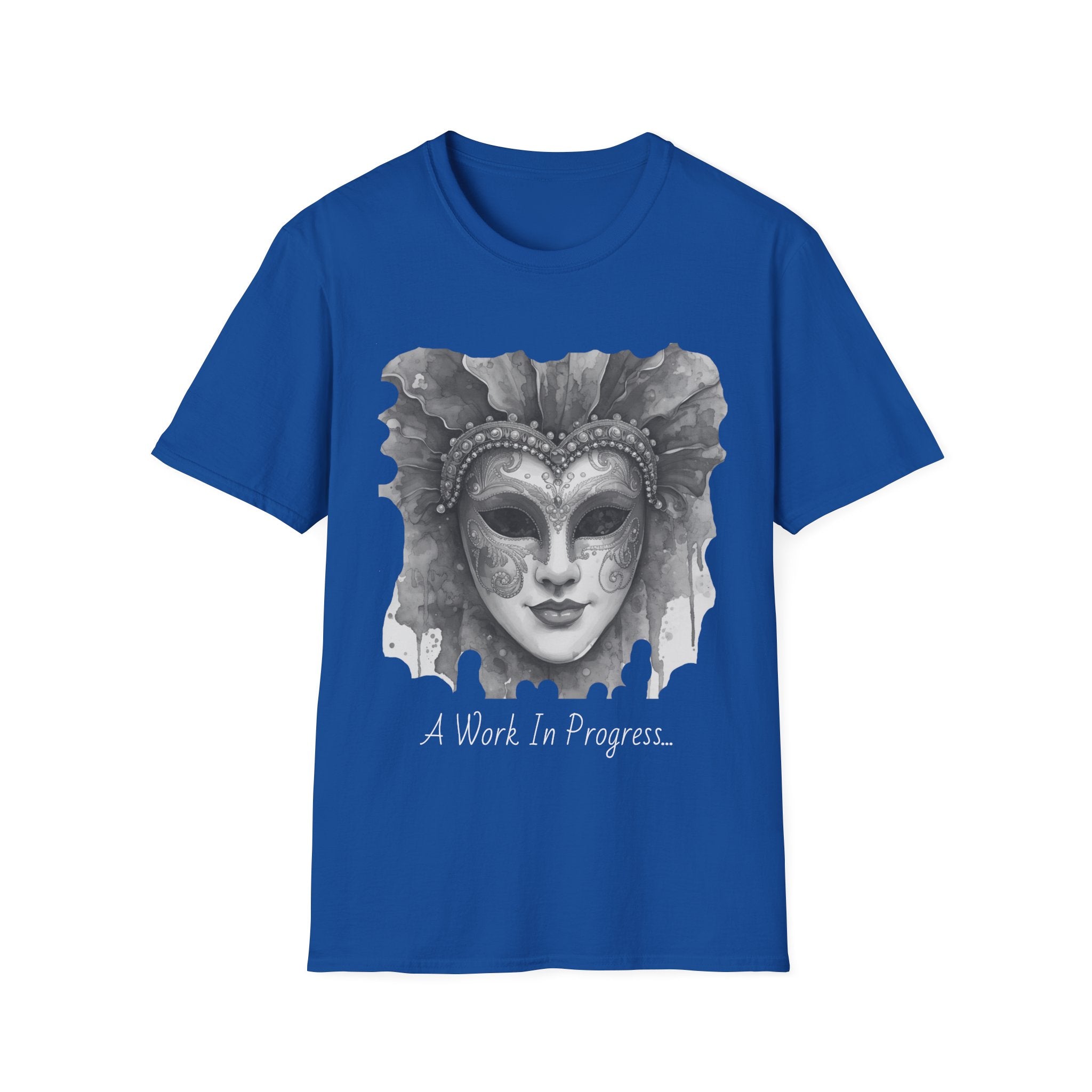 Royal blue face T-shirt with masquerade mask graphic and 'Work In Progress' print