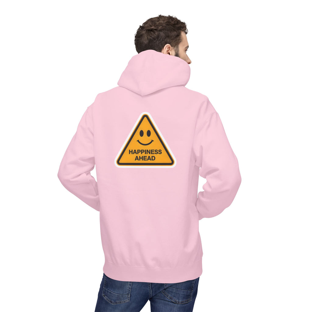 Light pink unisex hoodie with back triangle “HAPPINESS AHEAD” graphic