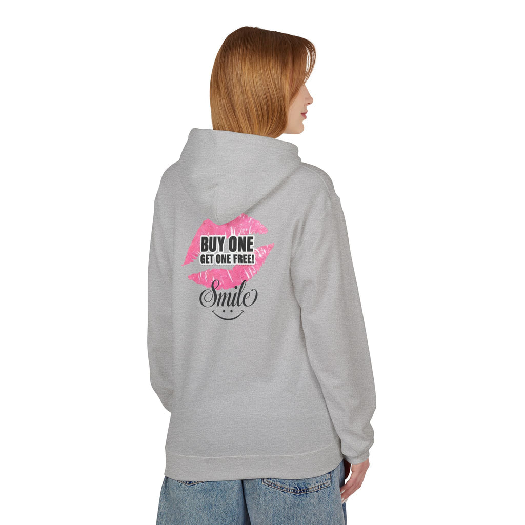Dark heather gray zip-up hoodie with pink back graphic and cursive “Smile”