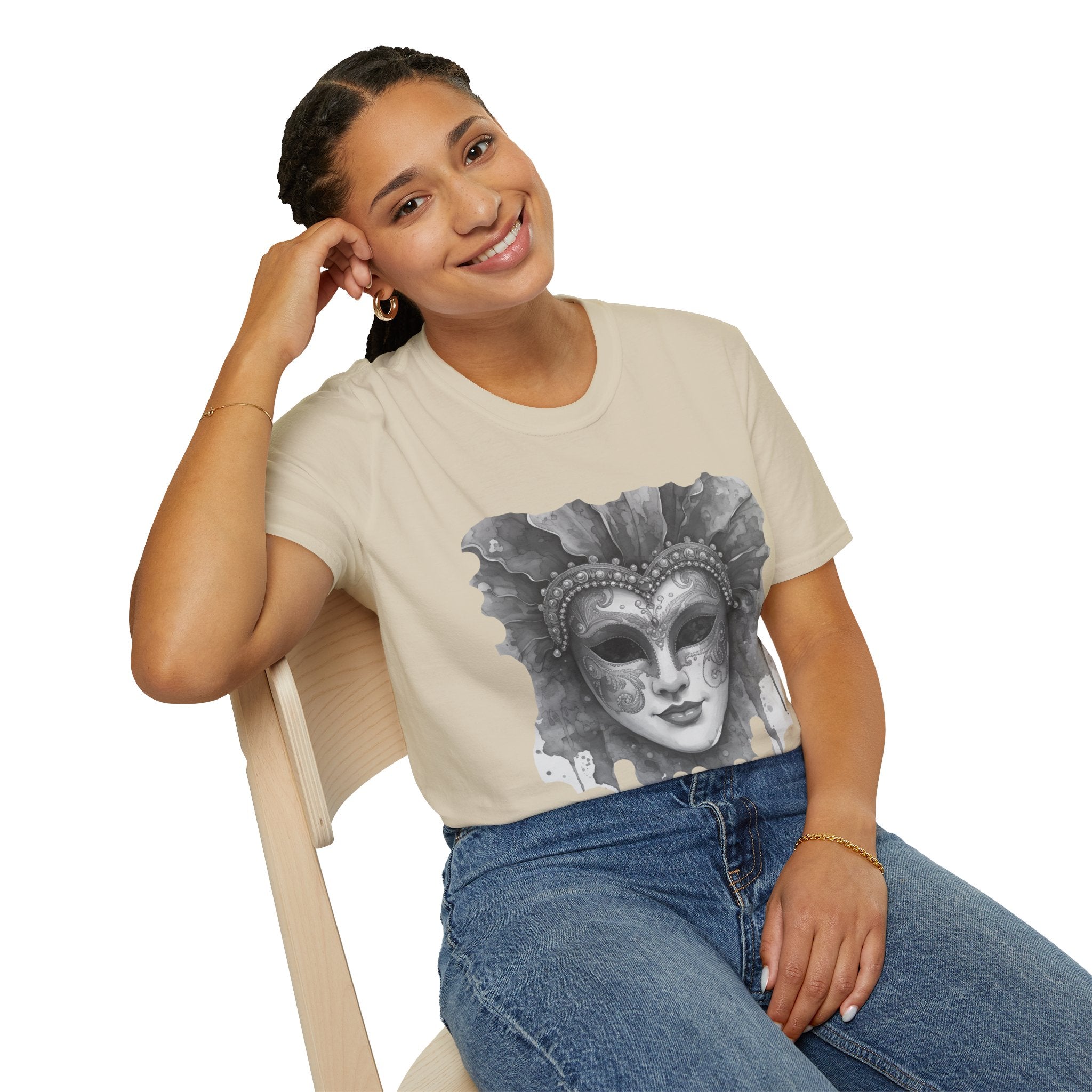 White crew-neck face graphic t-shirt with grayscale masquerade mask watercolor print