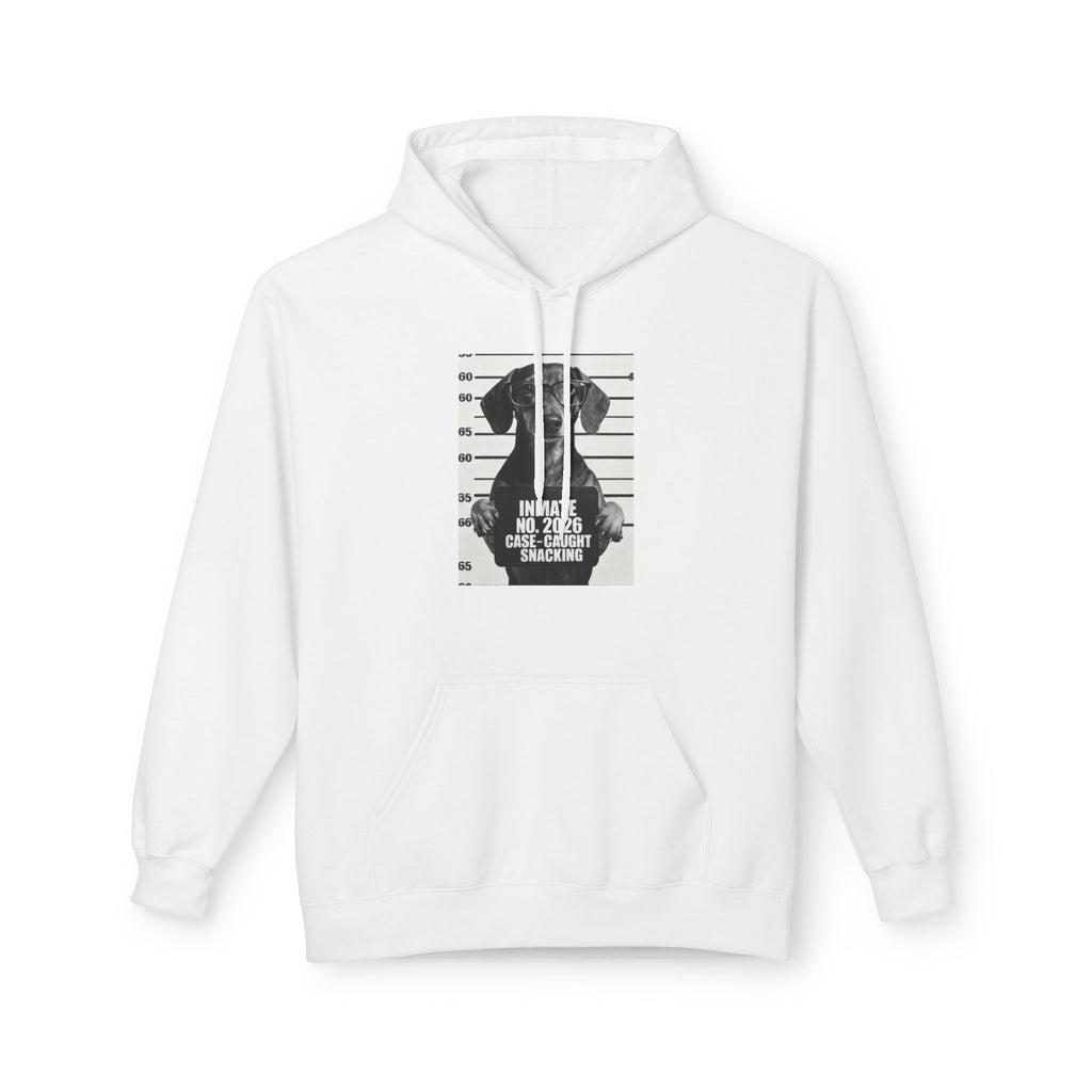 White pullover hoodie with drawstring hood and front graphic print, with kangaroo pocket.