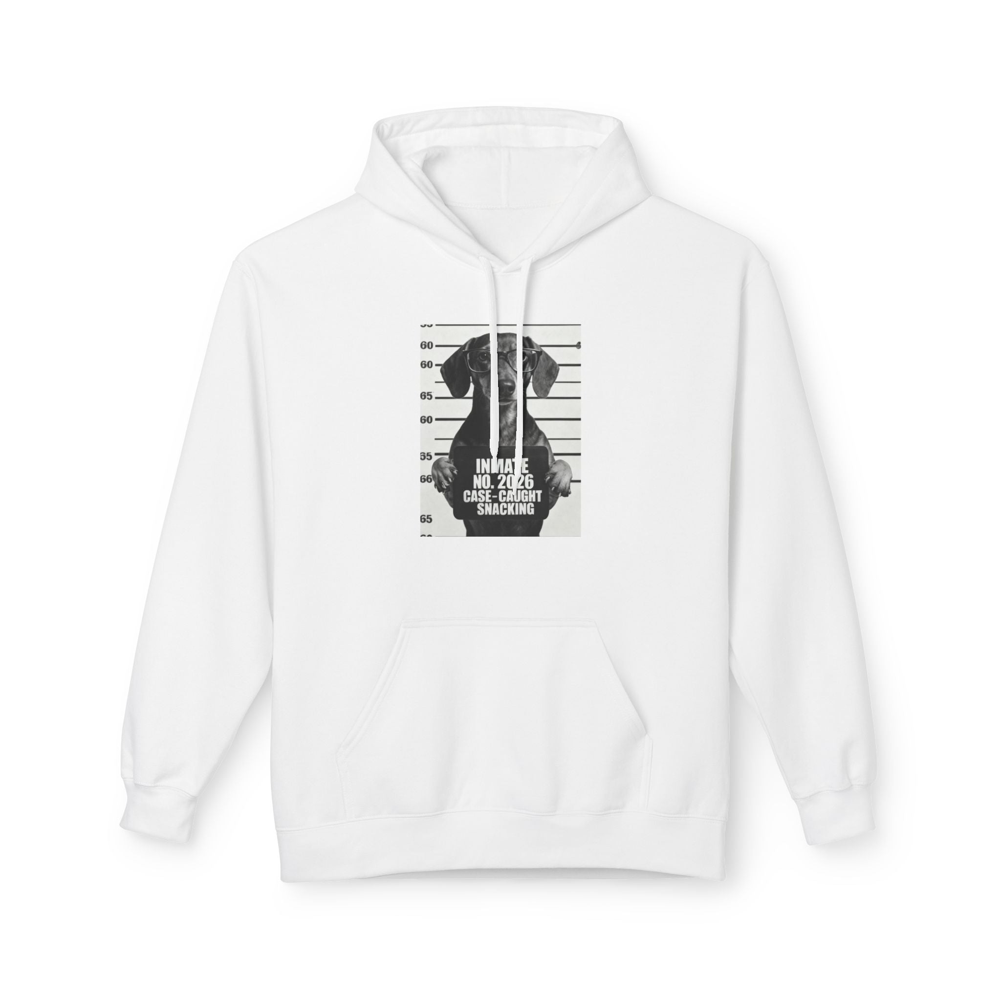White pullover hoodie with drawstring hood and front graphic print, with kangaroo pocket.