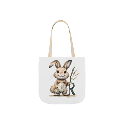Beige canvas tote bag with bunny illustration and letter R on the front