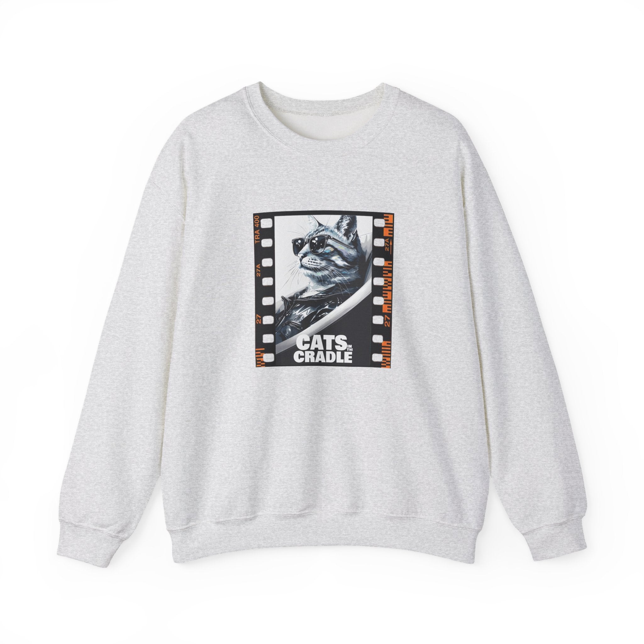 Light heather gray crewneck sweatshirt with cat film strip graphic on front