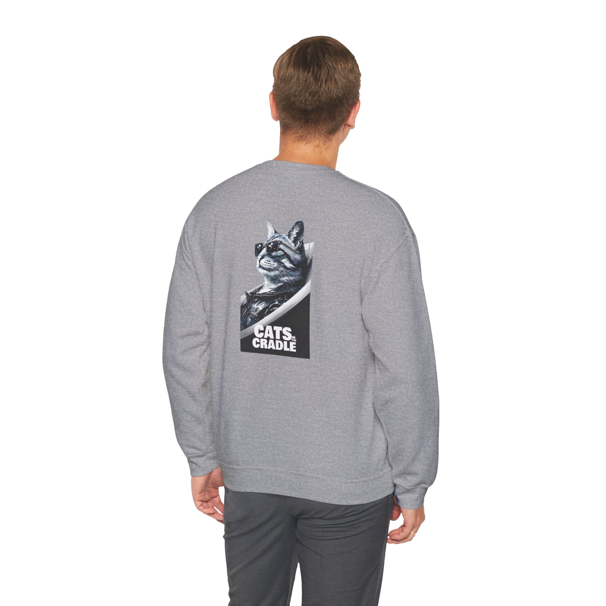 Heather grey crewneck sweatshirt with cat graphic on back