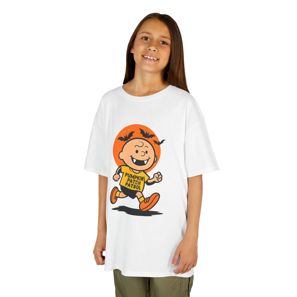 White kids graphic T-shirt with pumpkin patch patrol character in orange circle