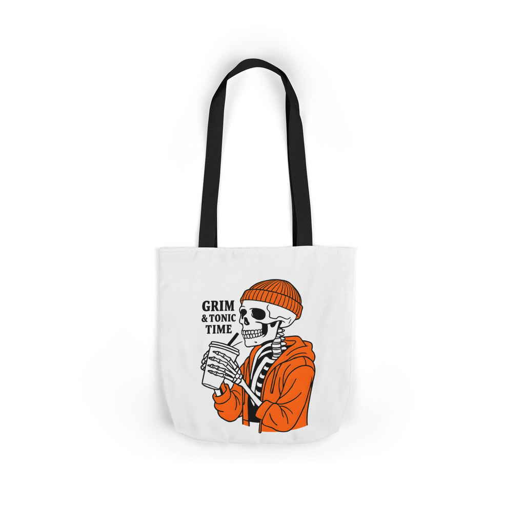 Canvas tote bag front view, white with black handles; Grim & Tonic Time skeleton art