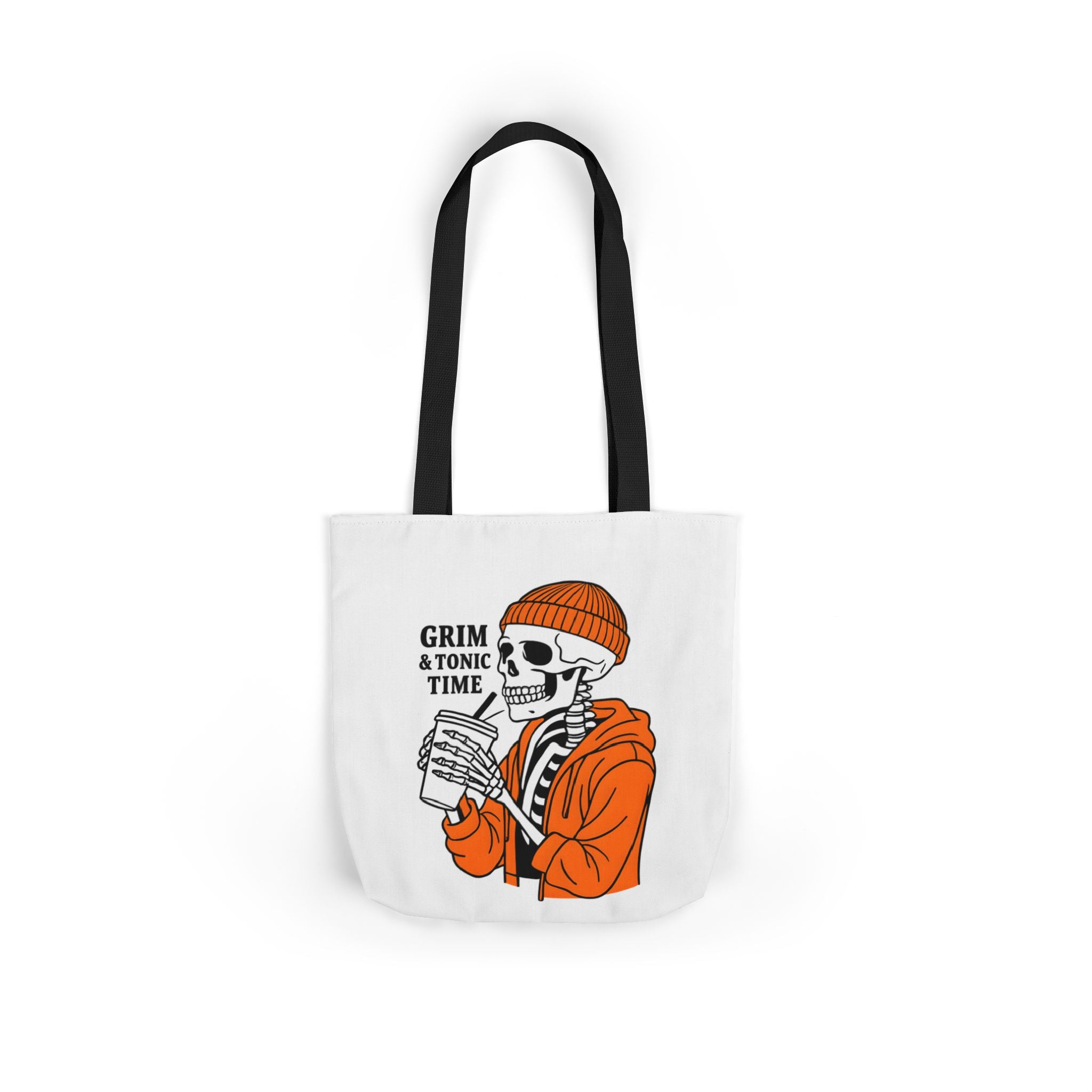 Canvas tote bag front view, white with black handles; Grim & Tonic Time skeleton art