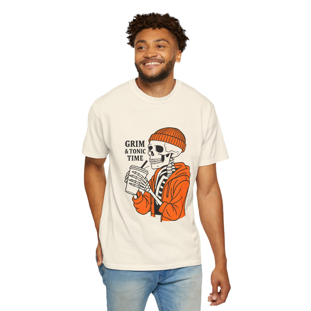 Ivory unisex graphic tee with Grim & Tonic Time skull and orange jacket front graphic