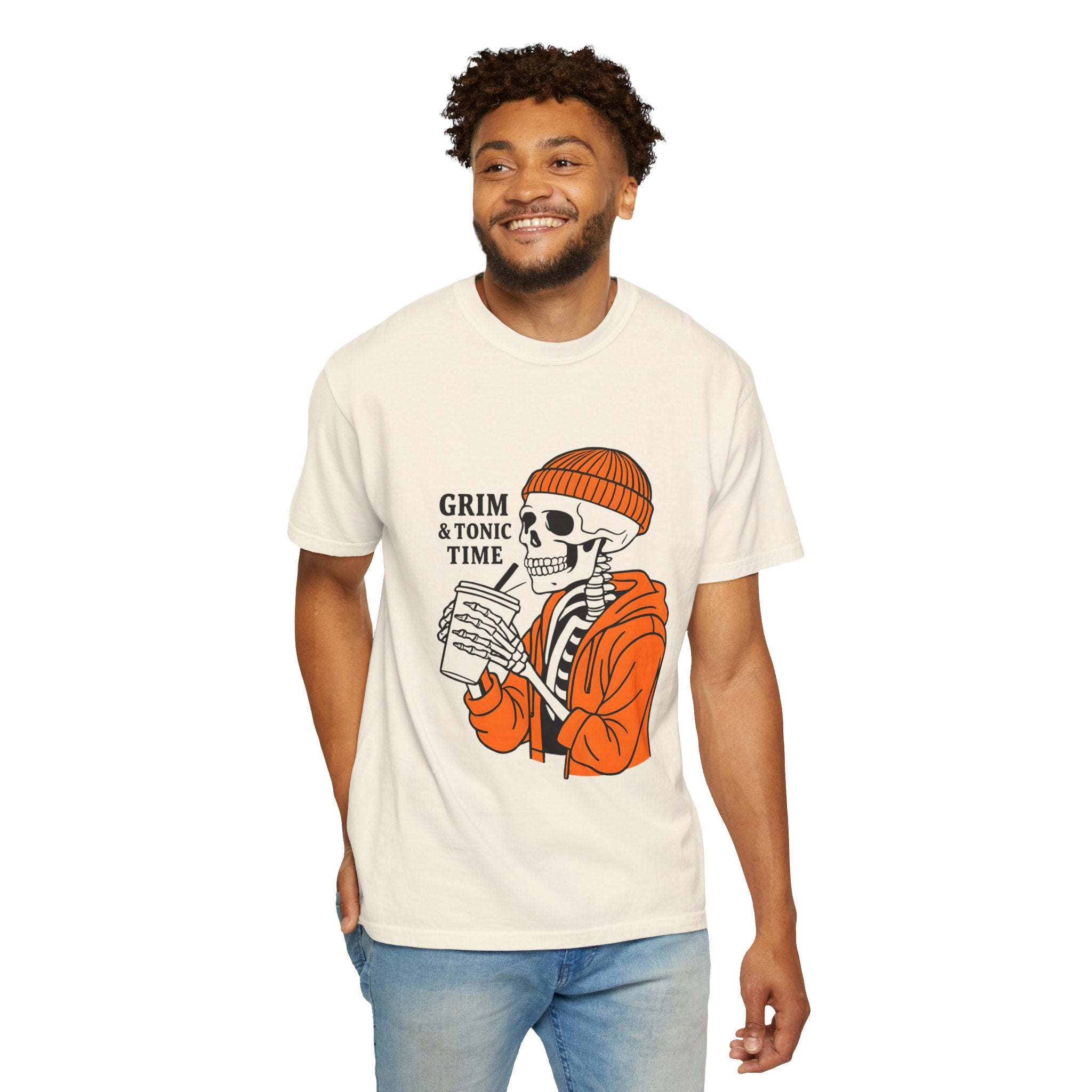 Ivory unisex graphic tee with Grim & Tonic Time skull and orange jacket front graphic