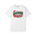 White crewneck t-shirt with "Sleighin' It Barely" holiday graphic print