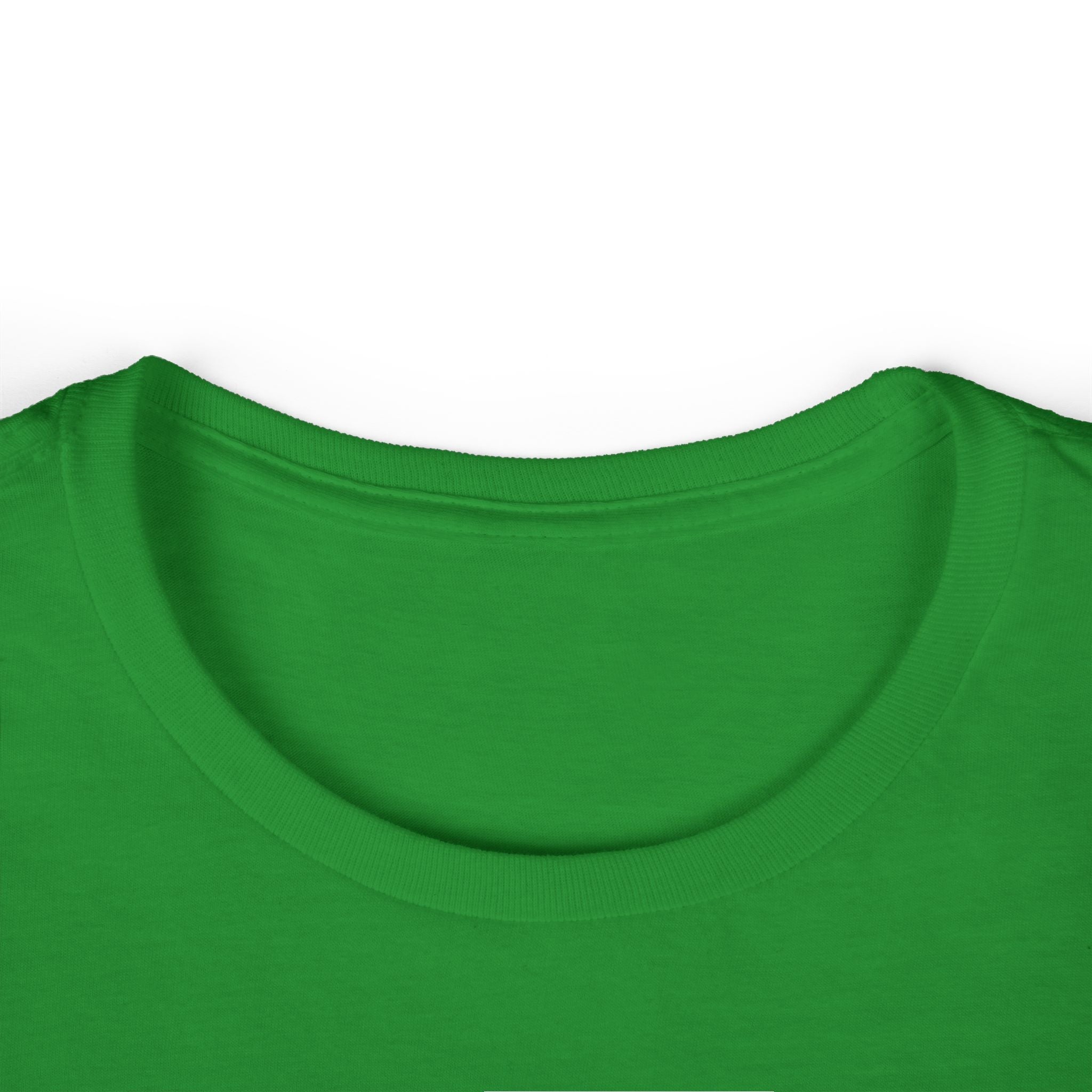 Green crew-neck T-shirt collar and shoulders, no visible graphic
