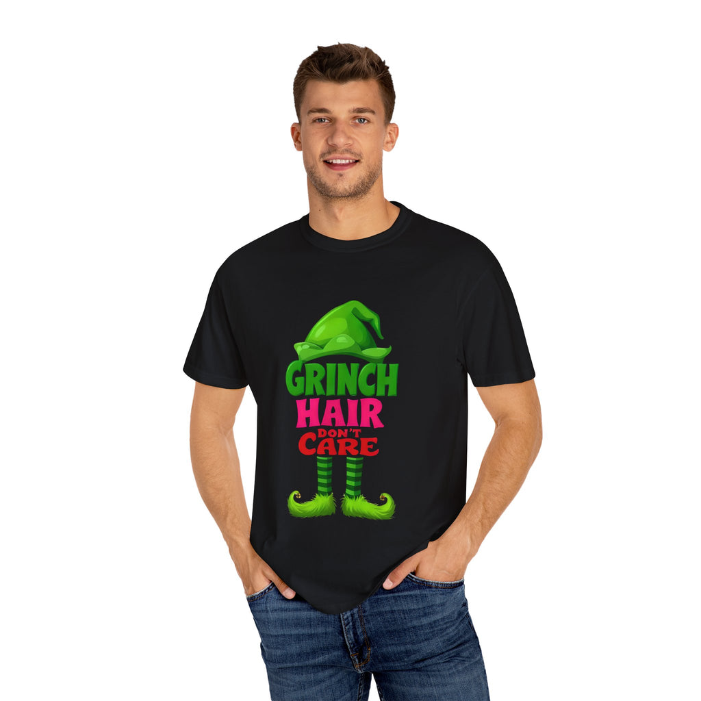 Black crewneck T-shirt with green Grinch Hair Don't Care graphic